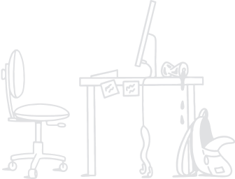 krzesełko, biurko z komputerem i plecakiem